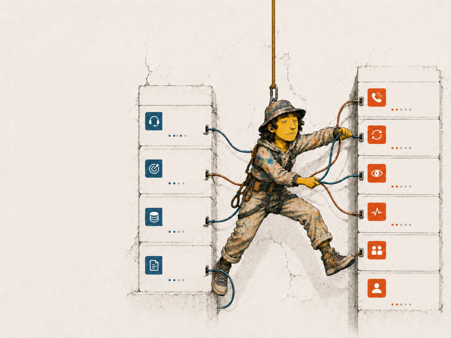 An operator rappelling between a wall of HubSpot Breeze agents and custom RevOps installs, patching them together