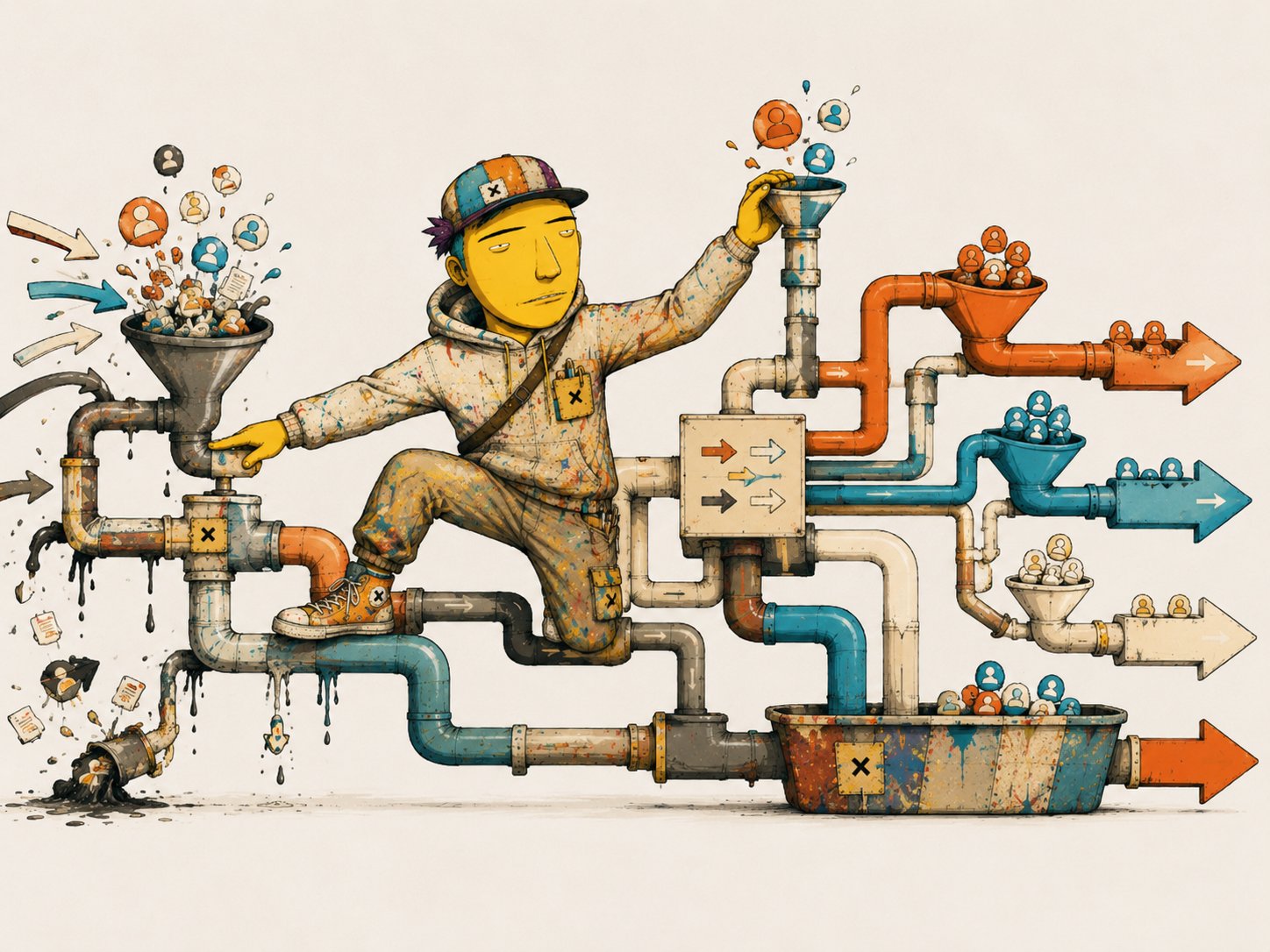 Operator routing leads through a manifold of pipes and funnels into segmented buckets